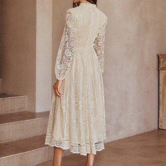 Apricot Elegant Women's Lace Flared Hem Long Sleeve Party Dress - Picture 2 of 7